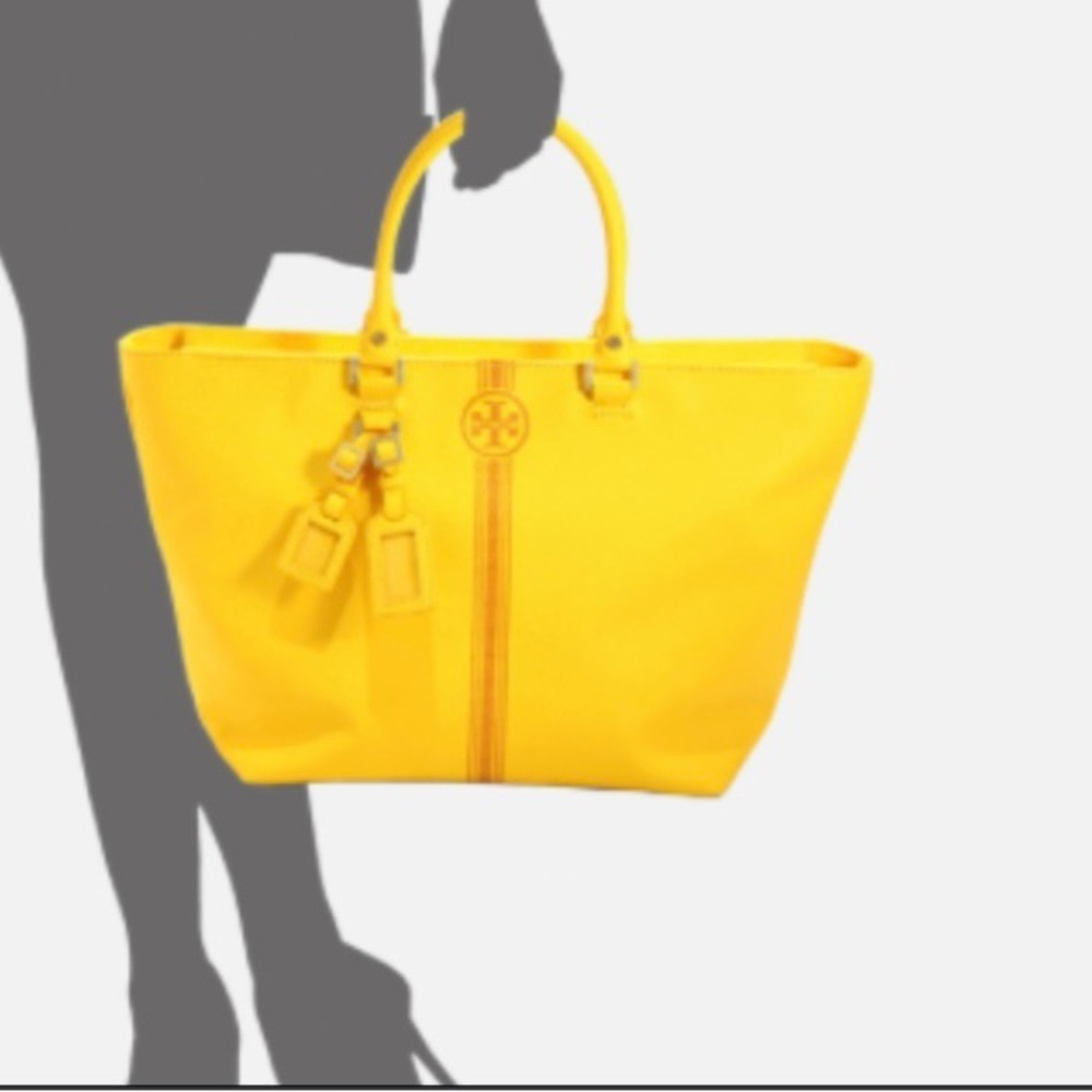 TORY BURCH. Yellow Leather Pebbled Roslyn‎ bag w/ stripes & a Logo accent.